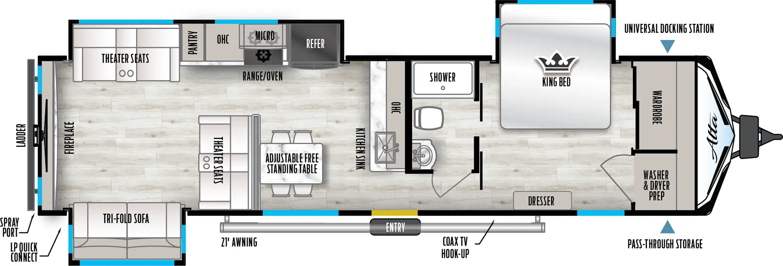 The 3250KXT has three slideout and one entry. Exterior features universal docking station, pass-through storage, coax TV hookup, 21 foot awning, LP quick connect, spray port, and ladder. Interior layout front to back: wardrobe with washer/dryer prep, off-door side king bed slideout, and door side dresser; off-door side pass through full bathroom; kitchen counter with sink and overhead cabinet along inner wall; off-door side slideout with refrigerator, microwave, oven/range, overhead cabinet, pantry, and theater seats; door side entry, adjustable free-standing table and chairs, and theater seats; door side slideout with tri-fold sofa; rear TV with fireplace.